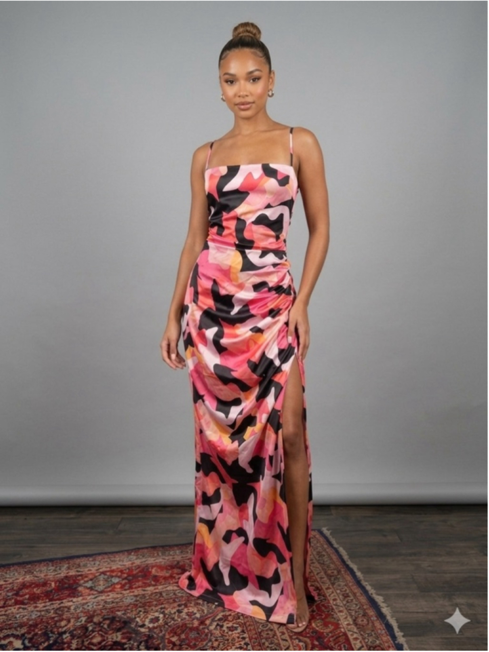 CLUB L LONDON Pink Abstract Camo Ruched Maxi Dress Strappy Lace Up Back Size 8